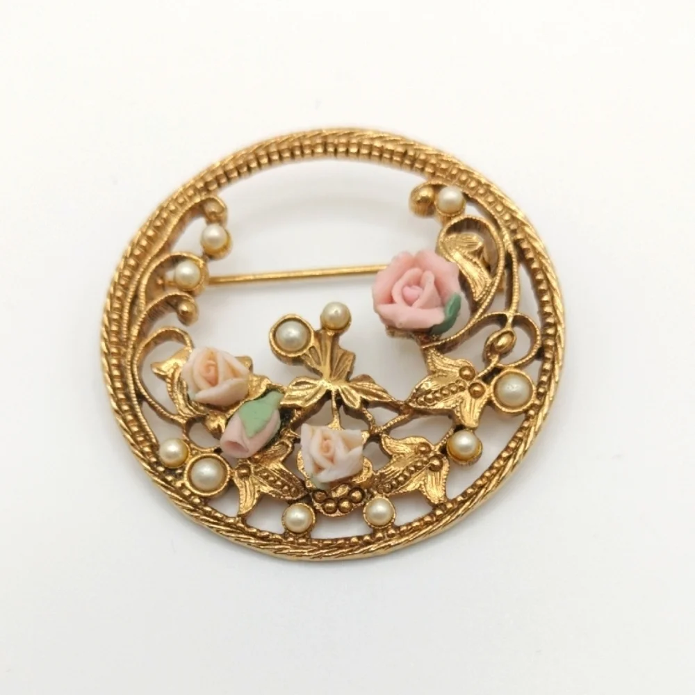 Gold Tone Pink Roses Floral Brooch  Faux Pearls Classic Feminine Porcelain